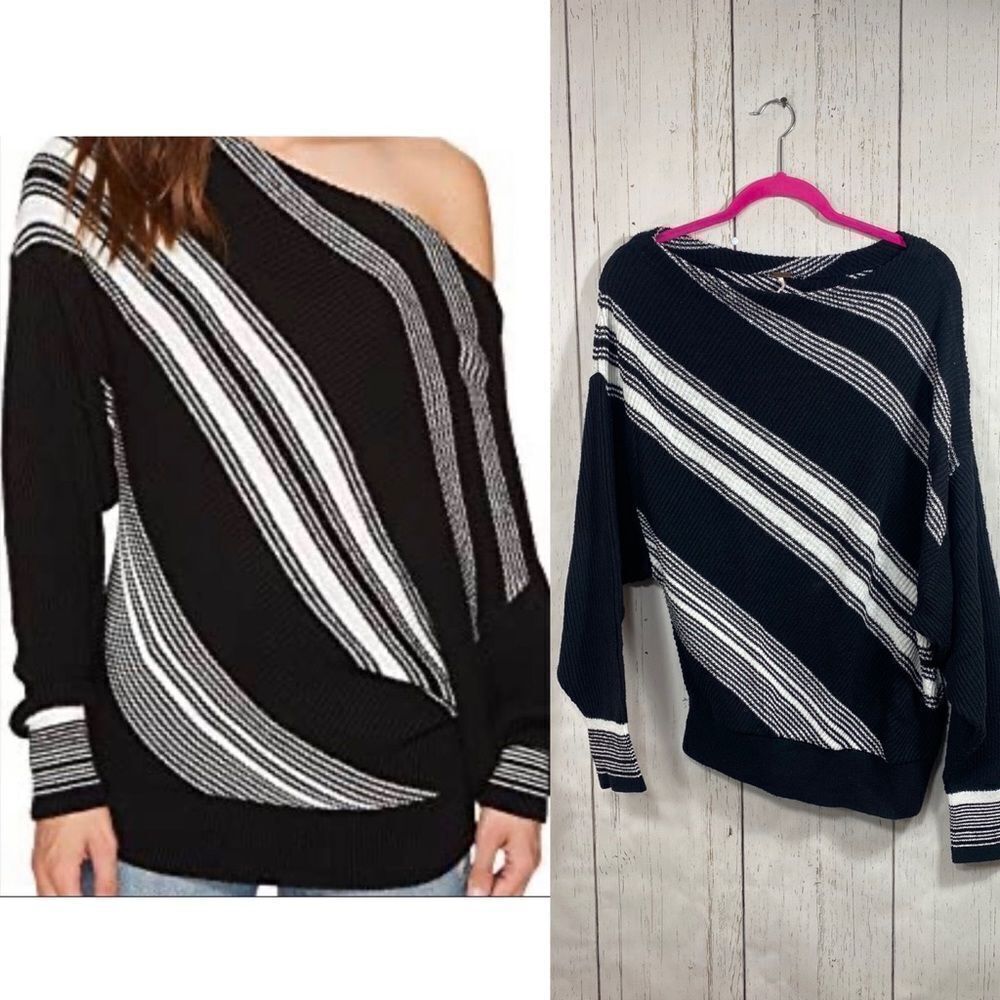 Free People Black & White Asymmetrical Stripe Knit Sweater Size M Boho Slouchy